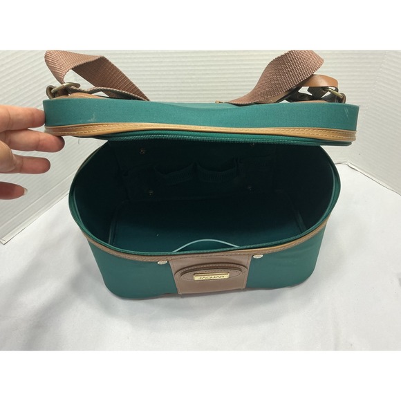 Jaguar Vintage Travel Vanity Case Forest Green Canvas Makeup Train Bag Brown Tri - Picture 6 of 13